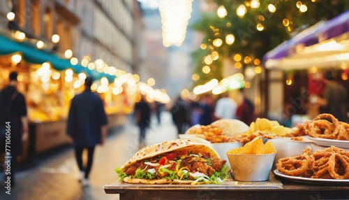 A lively street food scene with vendors selling savory snacks like tacos, pretzels, and samosa