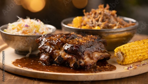 A mouth-watering portrait of slow-cooked, smoky barbecue ribs emerges, tantalizing the senses with their glistening, caramelized exterior. Each rib is lovingly coated in a rich BBQ sauce, its deep mah photo