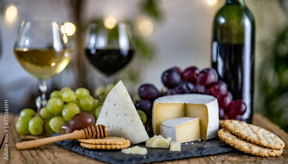 cheese and wine. An elegant setting with a selection of gourmet cheeses, fine wines, and accompaniments like 