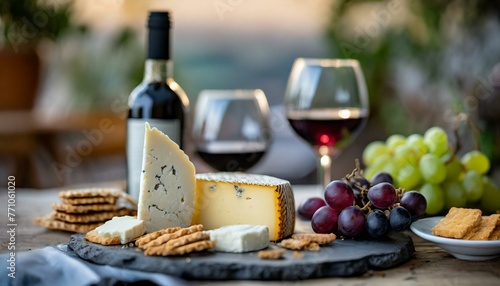 cheese and wine. An elegant setting with a selection of gourmet cheeses, fine wines, and accompaniments like 