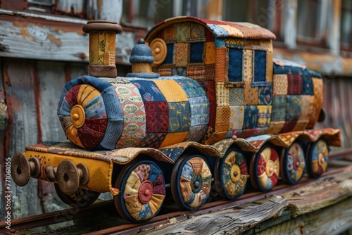 Handmade patchwork toy train on wooden table with blurred background photo