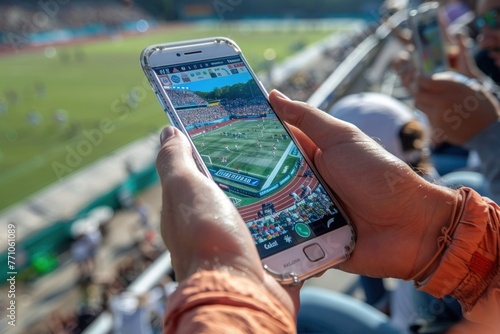 Close up of a hand holding a smartphone. The smartphone shows the live stream of a soccer game.