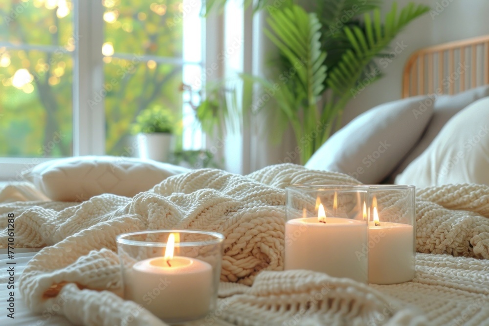 Three White Candles Burning In Glass Jars On Bed With Soft Blankets And Pillows In The Morning Three White Candles Burning In Glass Jars On Bed With Soft Blankets And Pillows In The Morning