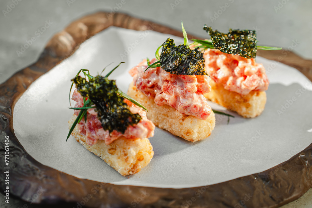 dish Salmon and nori on bread dish Salmon and nori on bread