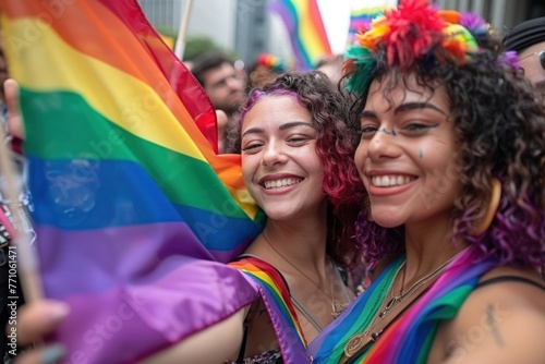 Two Young Women Smiling and Holding Rainbow Flag at Colorful Pride Parade Event