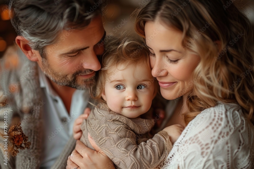 Family of three with young daughter smiling happily and looking at each other