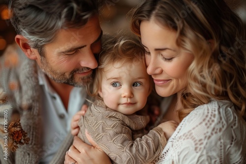Family of three with young daughter smiling happily and looking at each other