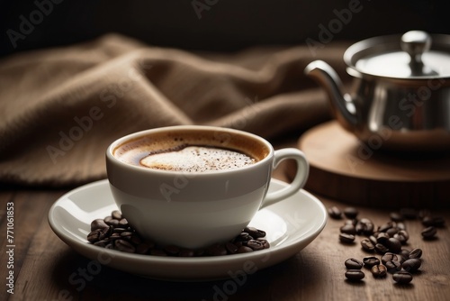 An artfully prepared cup of latte, surrounded by fresh coffee beans, captured in a bright, natural environment that invokes the cozy feeling of quiet mornings