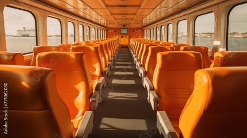 View of interior seats of a ferry. Orange armchairs, AI generated