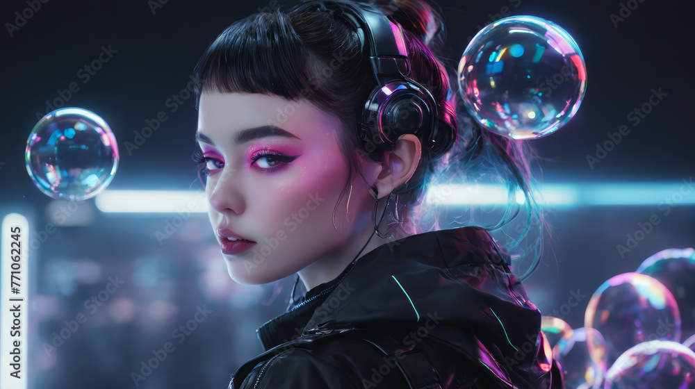 Naklejka premium Woman Wearing Headphones and Black Jacket