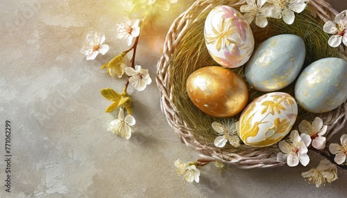 hand painted floral easter eggs banner background copy space paschaltide eastertide image backdrop empty religious eastereggs easter themed concept composition top view copyspace photo