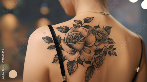 Stunning view of a woman's back intricately tattooed with a large monochromatic floral design