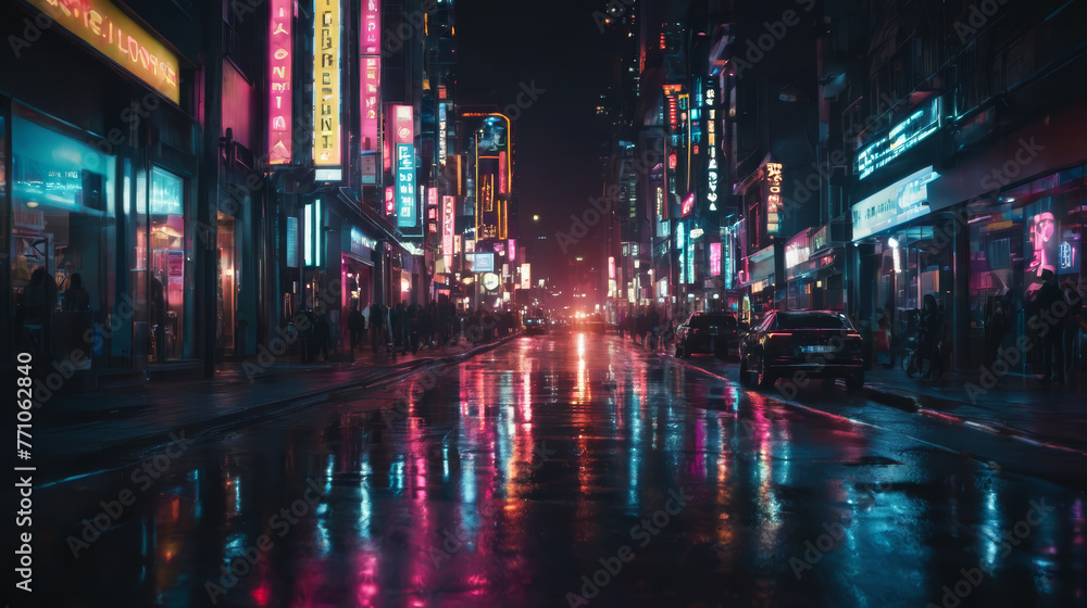 Bustling City Street Aglow With Vibrant Neon Lights Bustling City Street Aglow With Vibrant Neon Lights