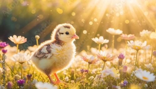sunny easter meadow adorable chick amongst vibrant flowers sun rays illuminate panoramic background offers copy space