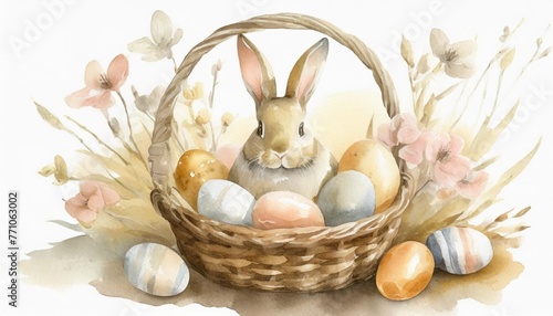 easter basket with eggs and bunny watercolor illustration