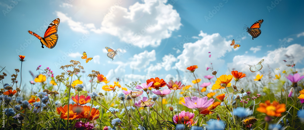 A vibrant landscape of various flowers in full bloom with monarch butterflies gracefully fluttering above