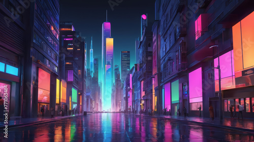 Urban Street Filled With Tall Buildings and Neon Lights © Alexander