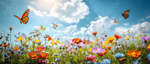A vibrant landscape of various flowers in full bloom with monarch butterflies gracefully fluttering above © Reiskuchen