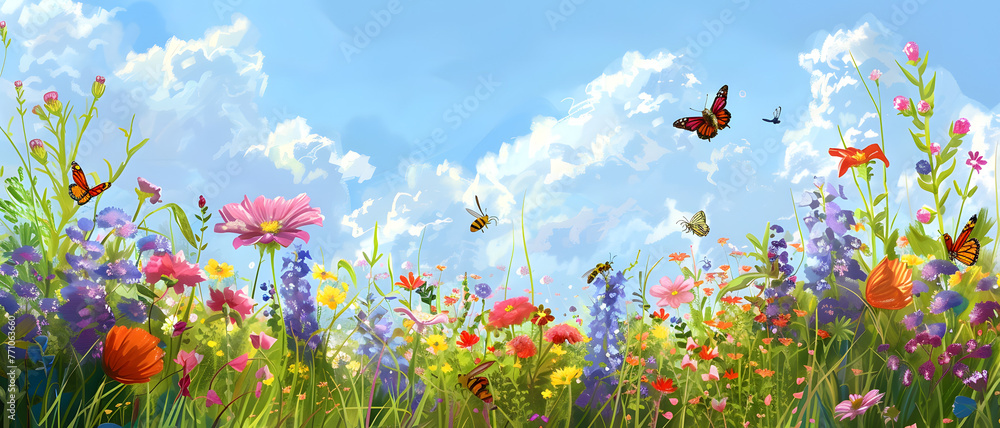 Inviting panoramic view of a vibrant wildflower field accented by enchanting butterflies under a sunny sky