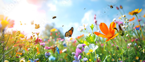 An idyllic summer landscape capturing the essence of a sunny day with bright butterflies and varied wildflowers
