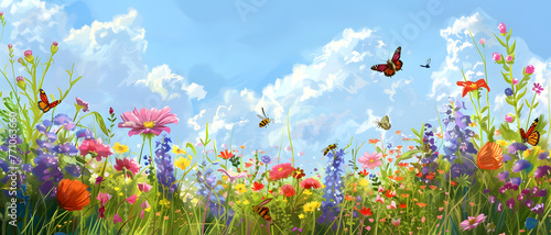 Inviting panoramic view of a vibrant wildflower field accented by enchanting butterflies under a sunny sky © Reiskuchen