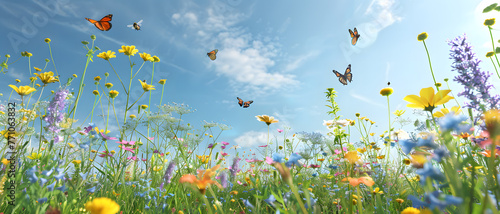 Flowering meadow with various species of butterflies against a sunlit sky and fluffy clouds