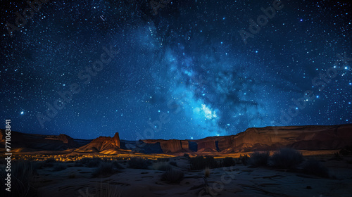 A starry night sky with a brightly glowing Milky Way over silhouetted mountains and desert landscape