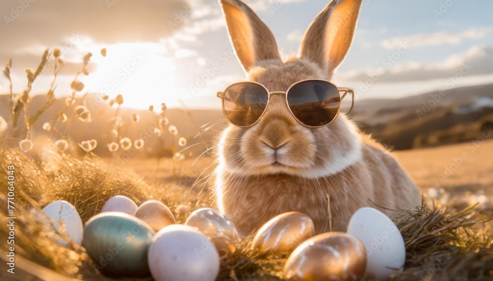 cute easter bunny with sunglasses with easter eggs