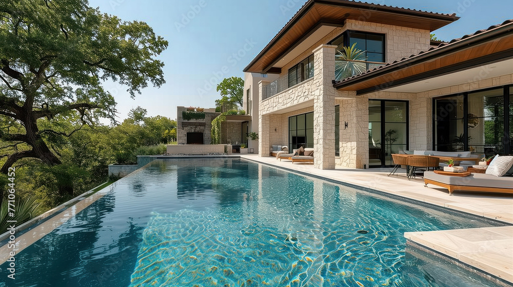 Luxurious modern home with an infinity pool overlooking a lush forest