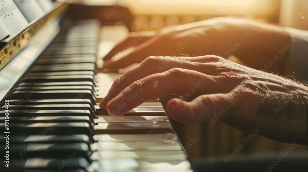 Bathed in the soft light of the setting sun, the pianist's hands tenderly press the piano keys, evoking passion and melody.