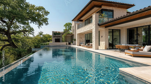 Luxurious modern home with an infinity pool overlooking a lush forest