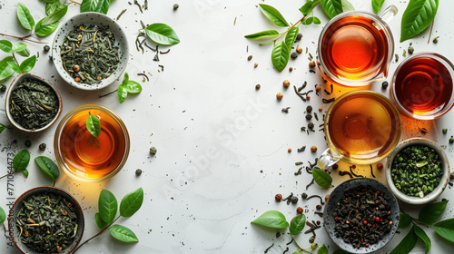 composition of assortment of loose leaf tea and tea infusions in cups, scattered tea leaves and sprigs of fresh green herbs on a light background, photo