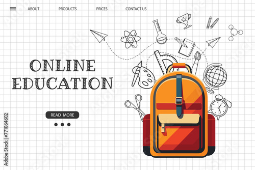 Online education website template. E-learning concept banner. School backpack with various science icons on a checkered background. Illustration, template for landing page. Vector