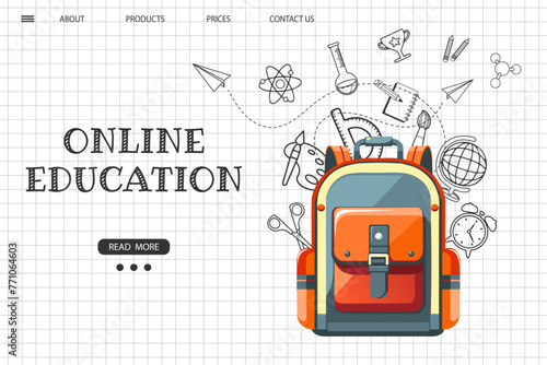 Online education website template. E-learning concept banner. School backpack with various science icons on a checkered background. Illustration, template for landing page. Vector