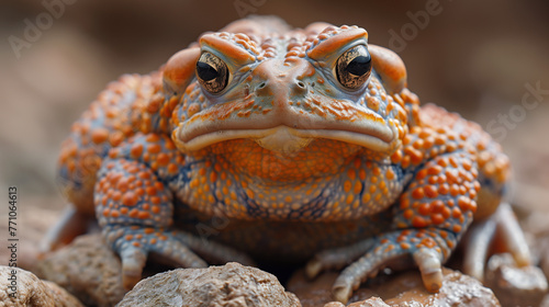 Close-up of an orange and blue toad with textured skin sitting on rocks