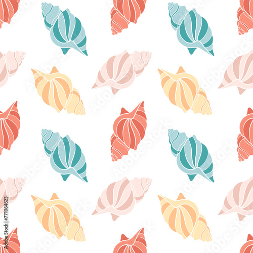 Seamless pattern of sea shells. Seashells of pastel colors on a white background. Vector