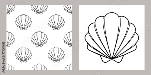 Seamless pattern of sea shells. Black outline of seashells on a white background. Vector © Tatiana