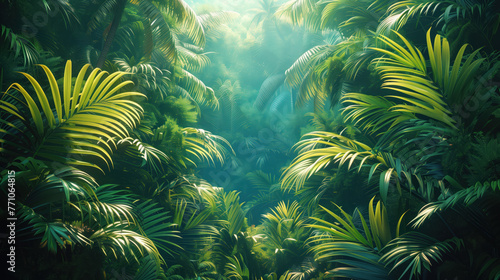 Lush green rainforests with bright rays of light shining through the foliage