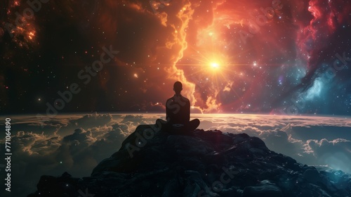 tranquil meditation with sunrise over clouds and space vista