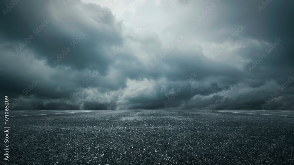 Sky Background Horizon with Dramatic Clouds and Empty Dark Asphalt Street Floor - generative ai - obrazy, fototapety, plakaty 