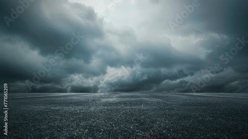 Sky Background Horizon with Dramatic Clouds and Empty Dark Asphalt Street Floor - generative ai photo