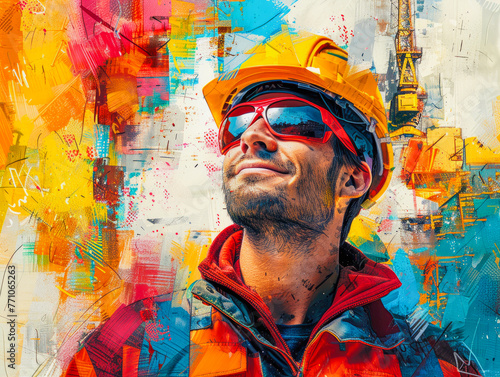 A smiling man worker in safety helmet and sunglasses  looking up with hope. Vibrant digital artwork style.  Perfect for Labor Day banners and with ample copy space