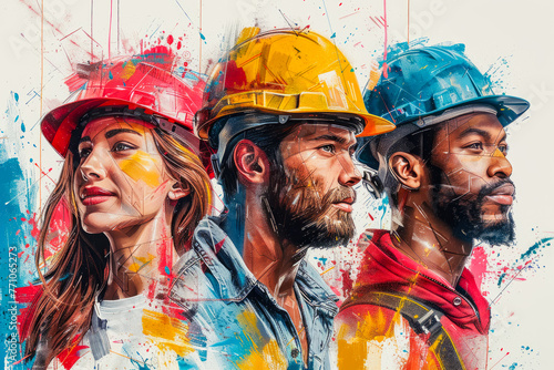 Industrial workers, men and woman in safety gear against a white backdrop, in digital artwork style , honoring the spirit of Labor Day and the importance of industrial labor