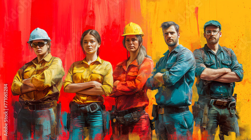 Construction workers, man and woman in hard hats stands confidently, representing Labor Day's celebration of the workforce, set against a colorful, abstract backdrop with space for text.