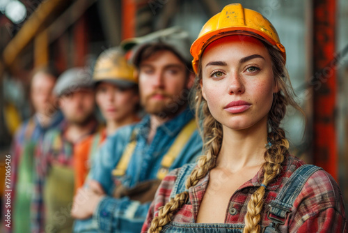 Focused woman construction worker with her team in the background, epitomizing leadership and empowerment, ideal for Labor Day communication , copy space © Photobes