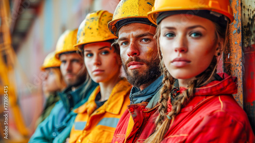 Focused group of construction workers , man and woman in safety helmets, united in their commitment to their trade, perfect for Labor Day banners with room for copy space.