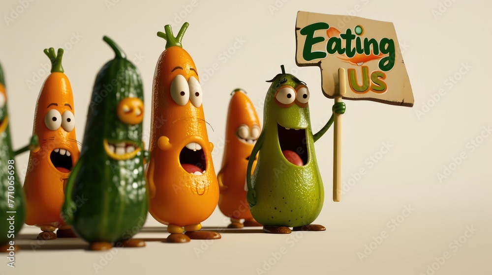 Naklejka premium Joyful produce: cartoon characters, happy cute vegetables, and fruits holding a sign 'Eating Us.' A whimsical portrayal promoting the concept of proper nutrition and a healthy lifestyle.