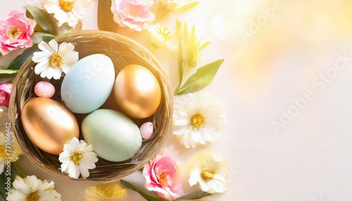 easter poster and banner template with beautiful easter multi colored eggs and flowers promotion and shopping template for easter beautiful easter promotion banner top view flat lay space for text