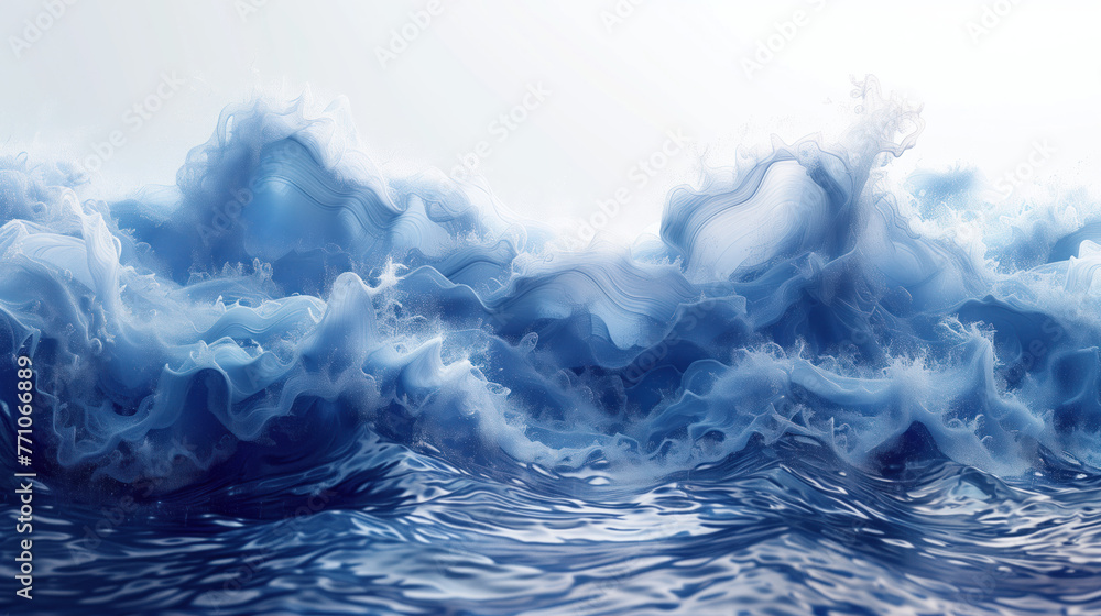 Stormy waves in the ocean with peaks and troughs, done in blue and white colors
