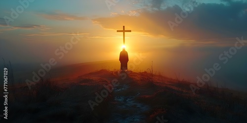 Symbolizing the Resurrection and New Beginnings: A Silhouette of a Cross on a Hill at Sunrise. Concept Religious Symbols, New Beginnings, Silhouette Photography, Resurrection Theme, Sunrise Scenery